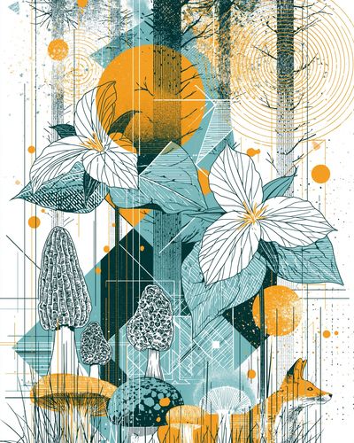Forest Mushrooms and Fox Illustration Poster.