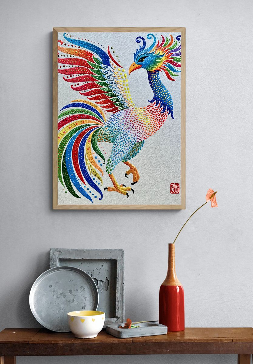 Rainbow Phoenix Illustration Poster. — room view 3