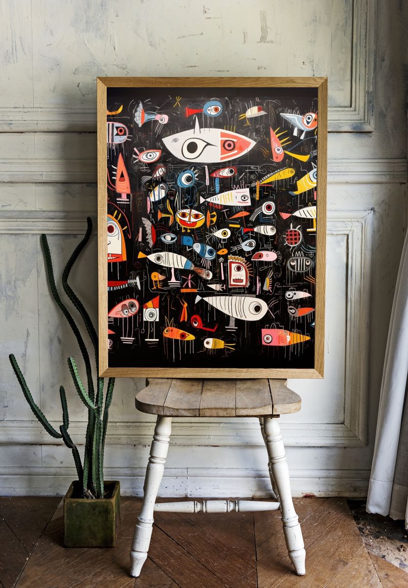 Whimsical Fish Parade Illustration Poster. — room view 1