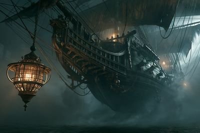 Ghost Ship in Fog Illustration Poster. poster