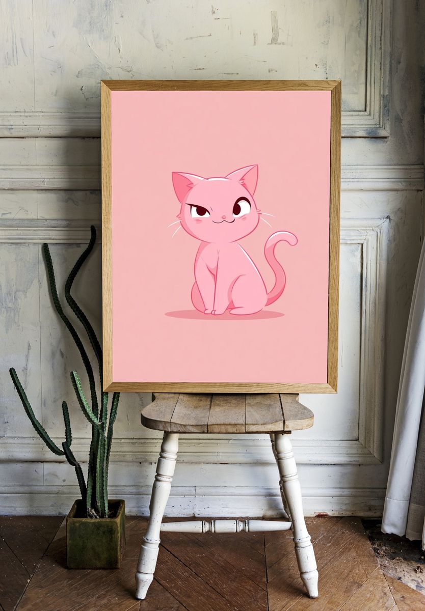 Pink Cat Cartoon Print. — room view 1