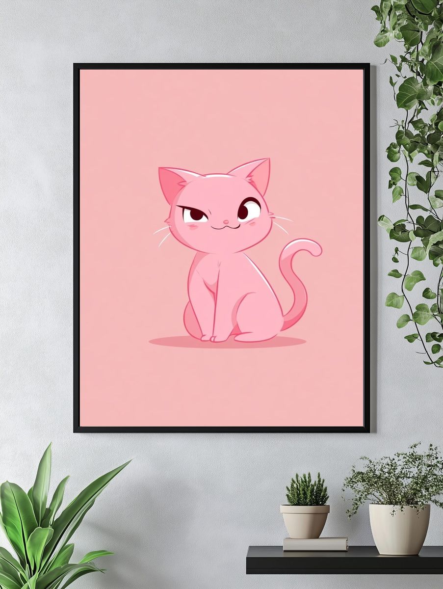 Pink Cat Cartoon Print. — room view 4