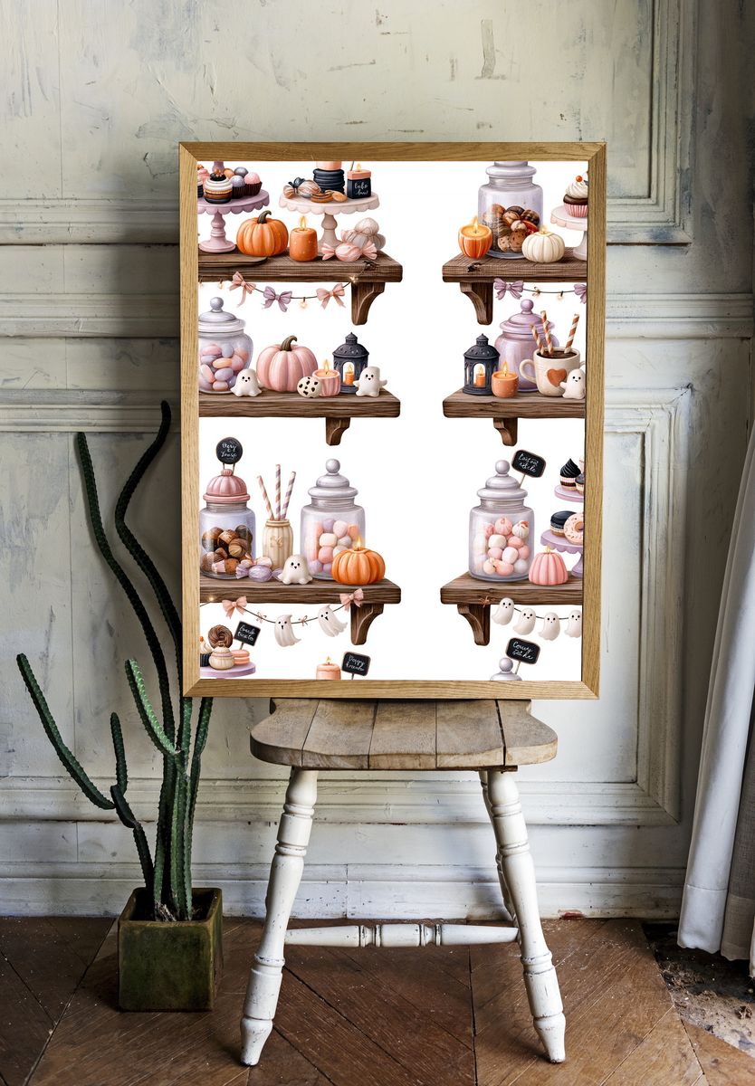 Pastel Halloween Dessert Shelf Illustration Poster. room preview