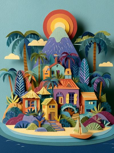 Tropical Island Paper Cut Poster. poster