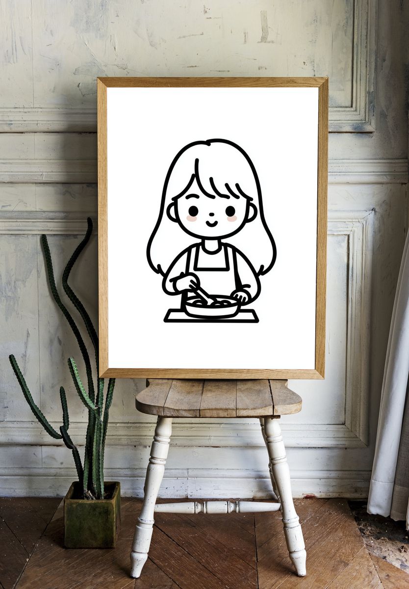 Girl Cooking Line Art Poster. — room view 1