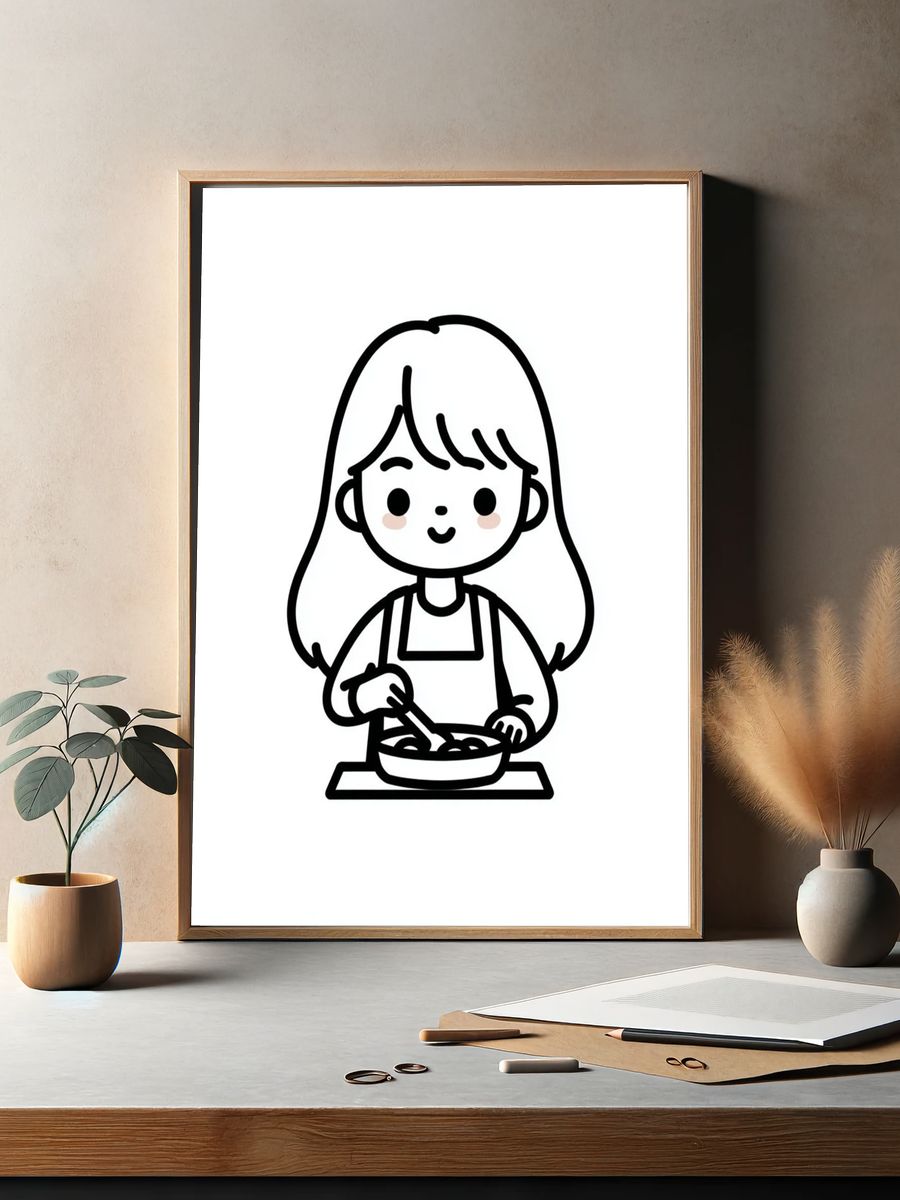 Girl Cooking Line Art Poster. — room view 2