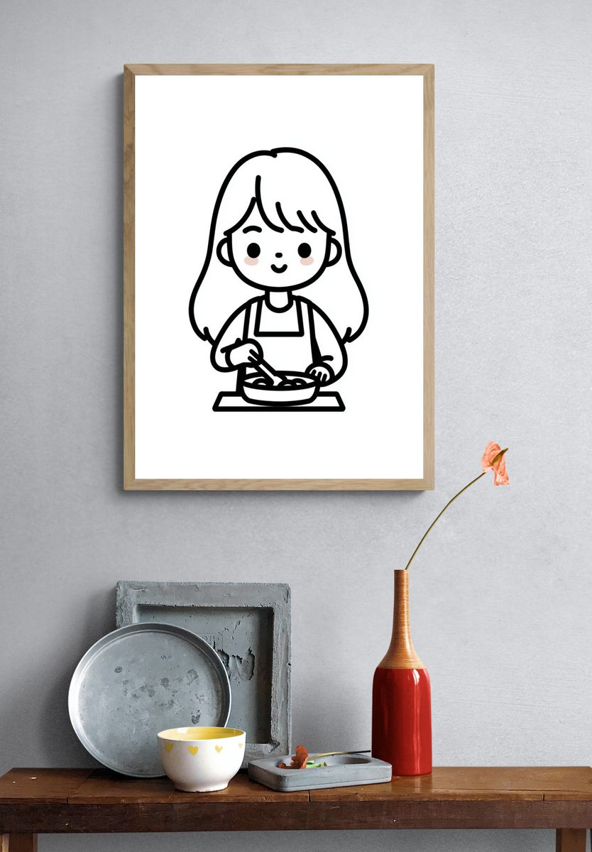 Girl Cooking Line Art Poster. — room view 3