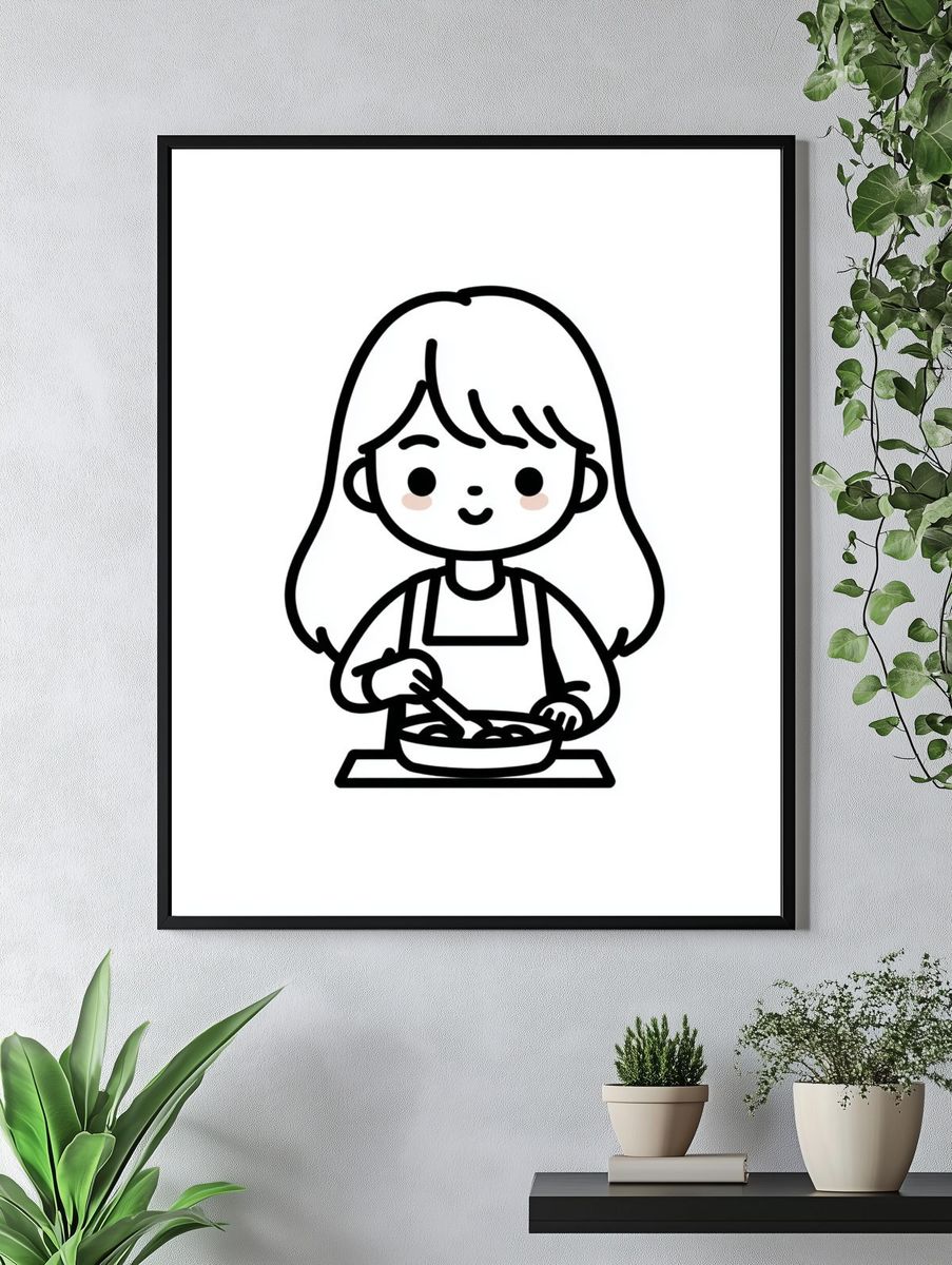 Girl Cooking Line Art Poster. — room view 4