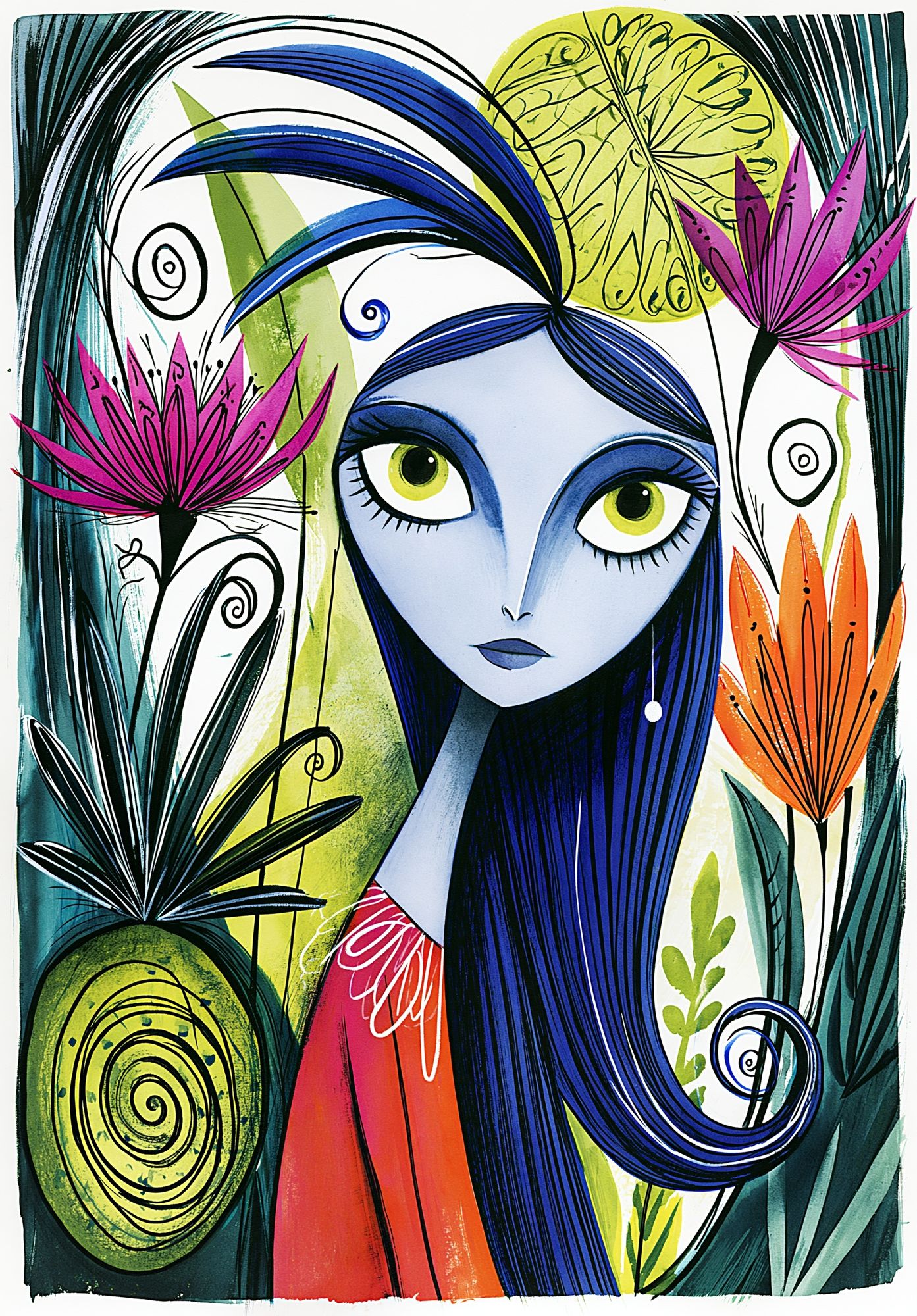 Blue Girl Floral Illustration Poster. poster — illustration art