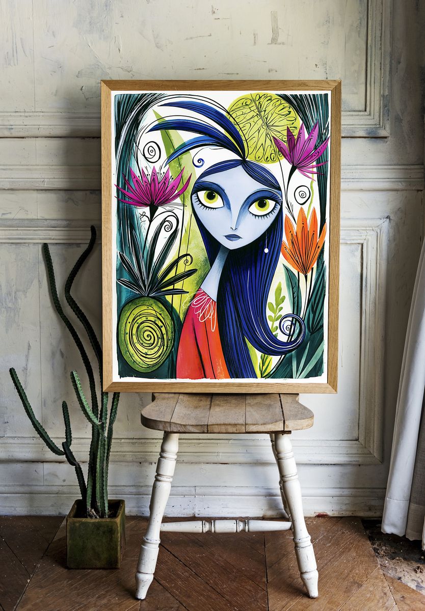 Blue Girl Floral Illustration Poster. — room view 1