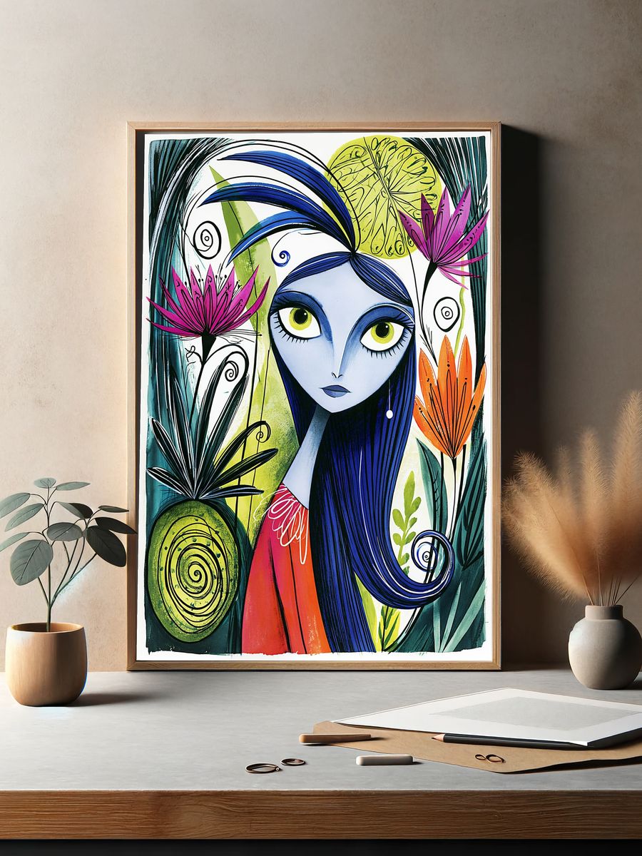 Blue Girl Floral Illustration Poster. — room view 2