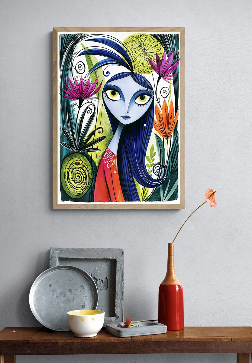 Blue Girl Floral Illustration Poster. — room view 3