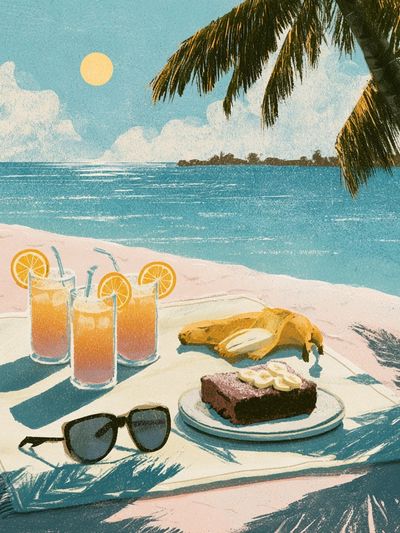 Tropical Beach Picnic Illustration Poster.