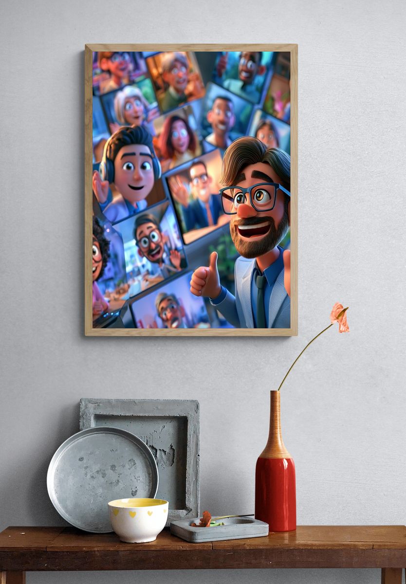 Virtual Meeting Cartoon Illustration Poster. — room view 3