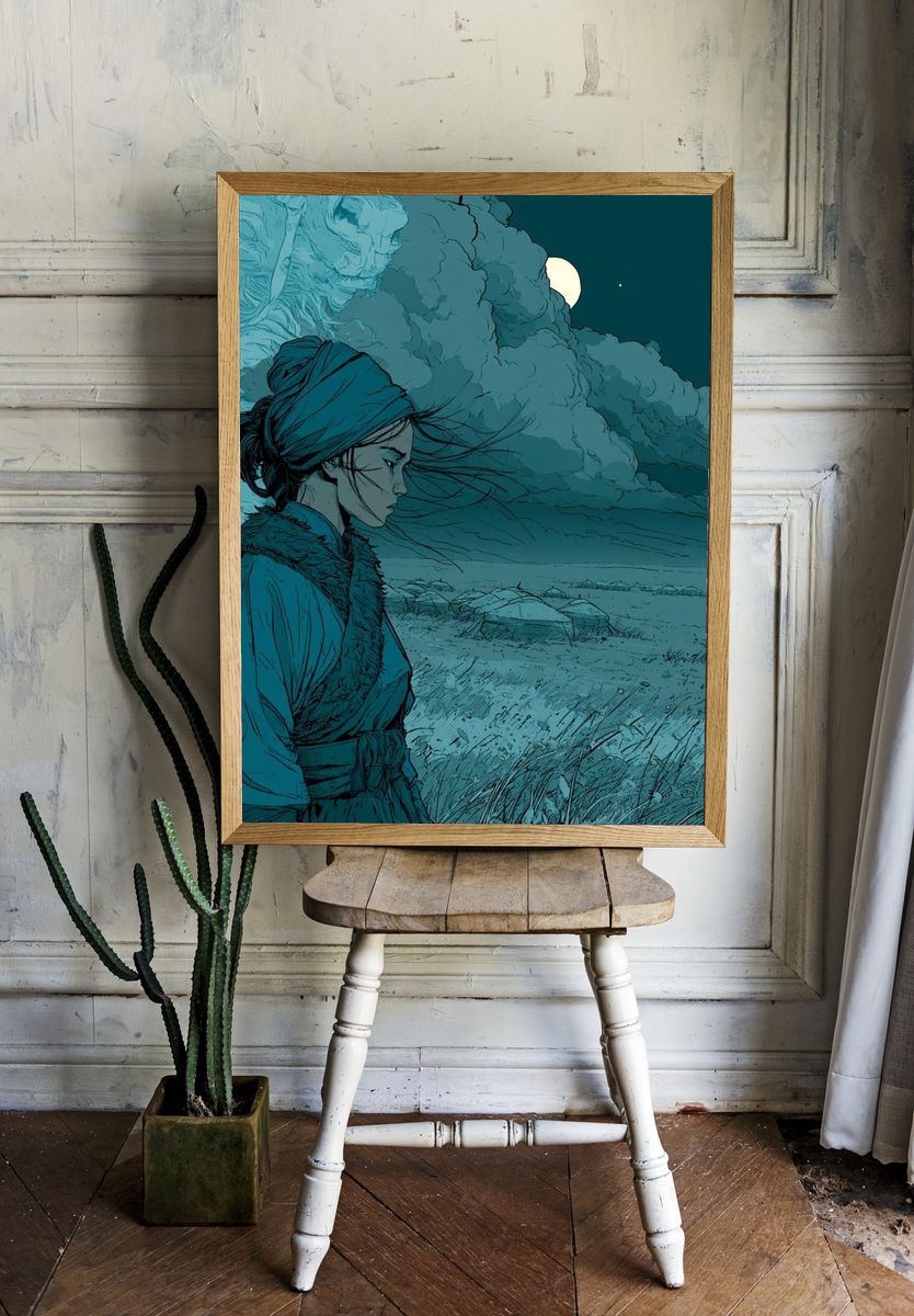 Moonlit Warrior Illustration Poster. — room view 1