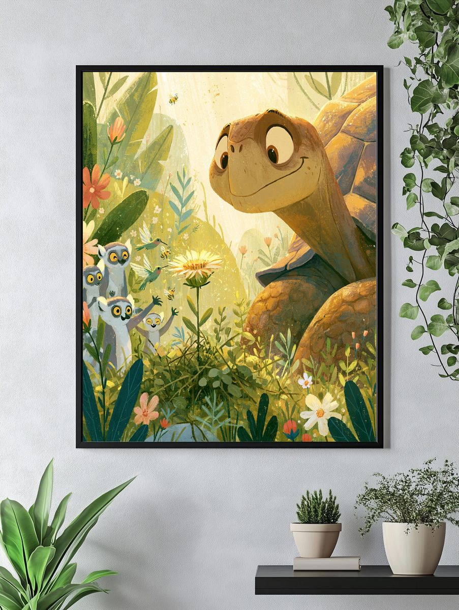 Friendly Turtle Jungle Illustration Poster. — room view 4