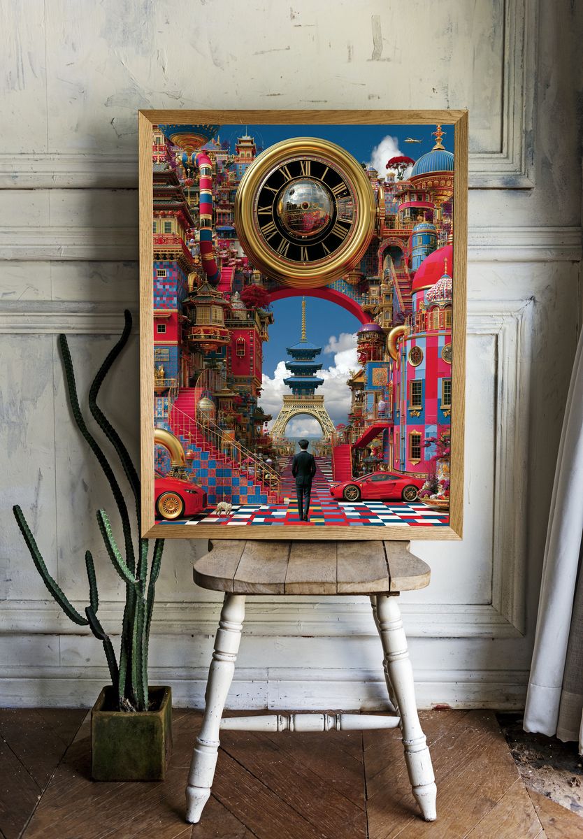 Surreal Tokyo Clockscape Print. room preview