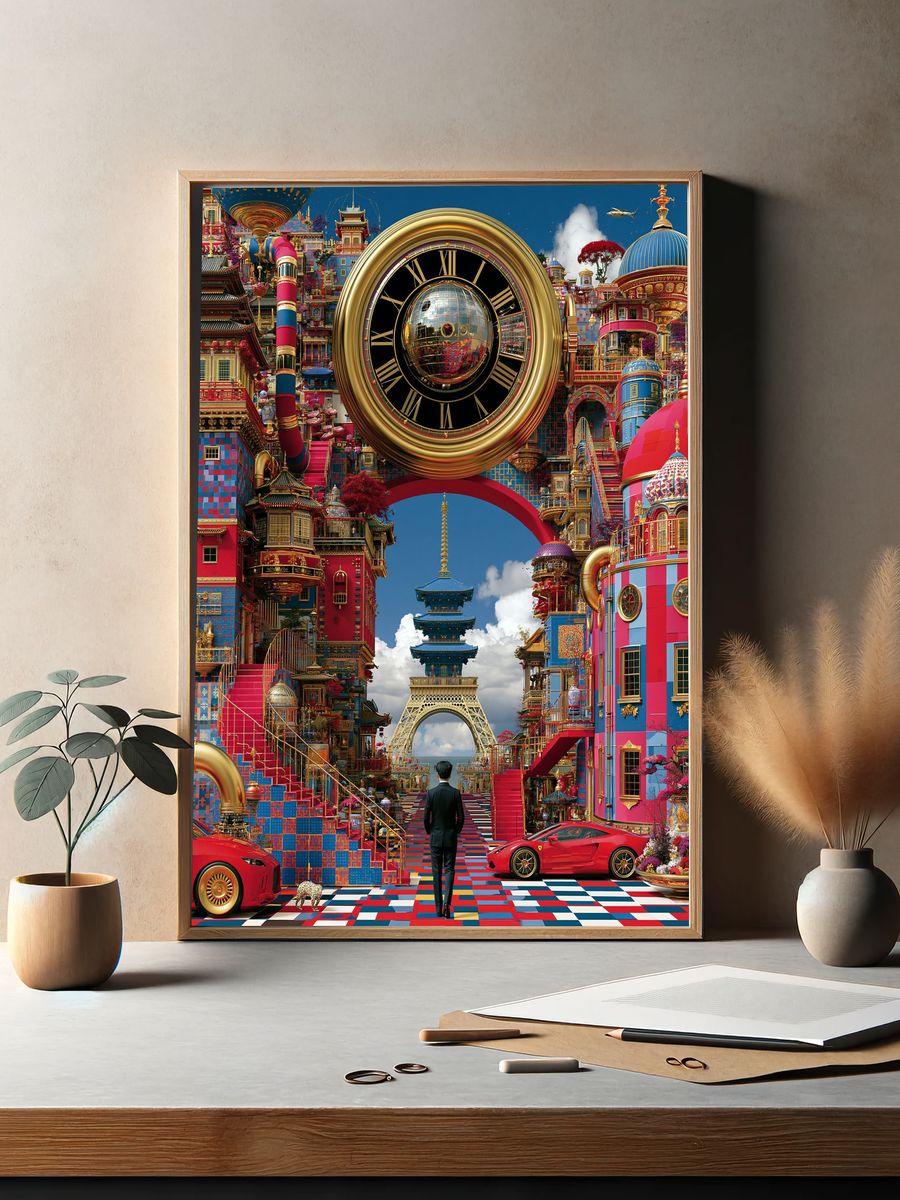 Surreal Tokyo Clockscape Print. — room view 2