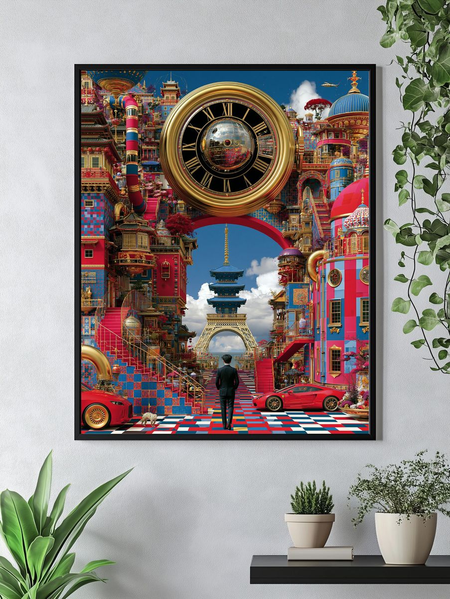 Surreal Tokyo Clockscape Print. — room view 4