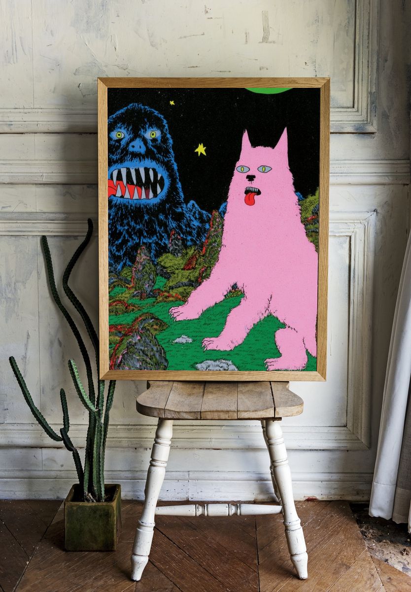 Surreal Monster Cats Illustration Poster. — room view 1