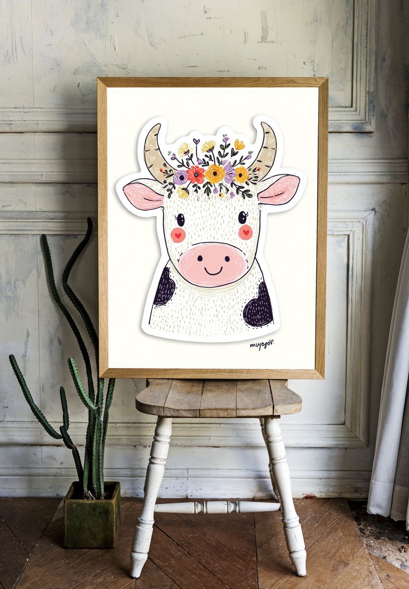 Floral Cow Illustration Poster. room preview