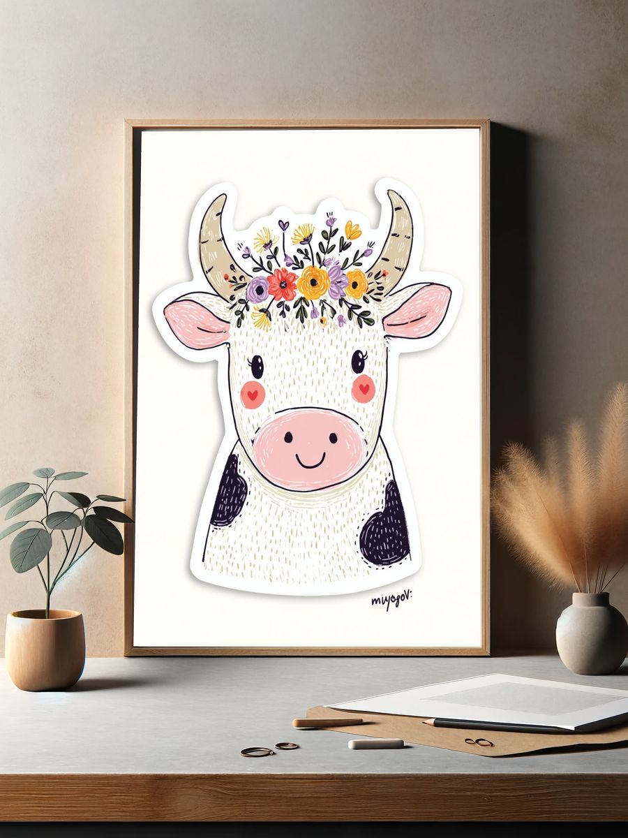 Floral Cow Illustration Poster. — room view 2