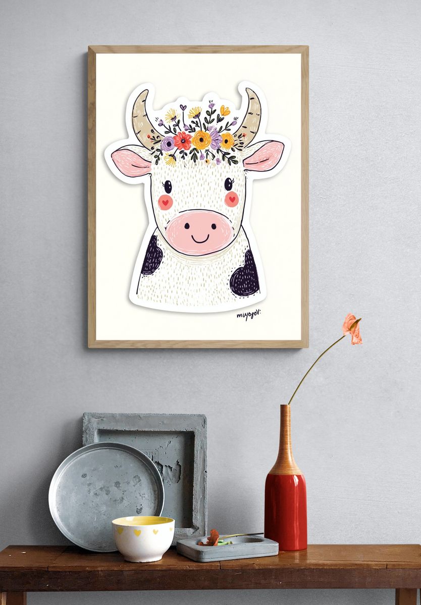 Floral Cow Illustration Poster. — room view 3