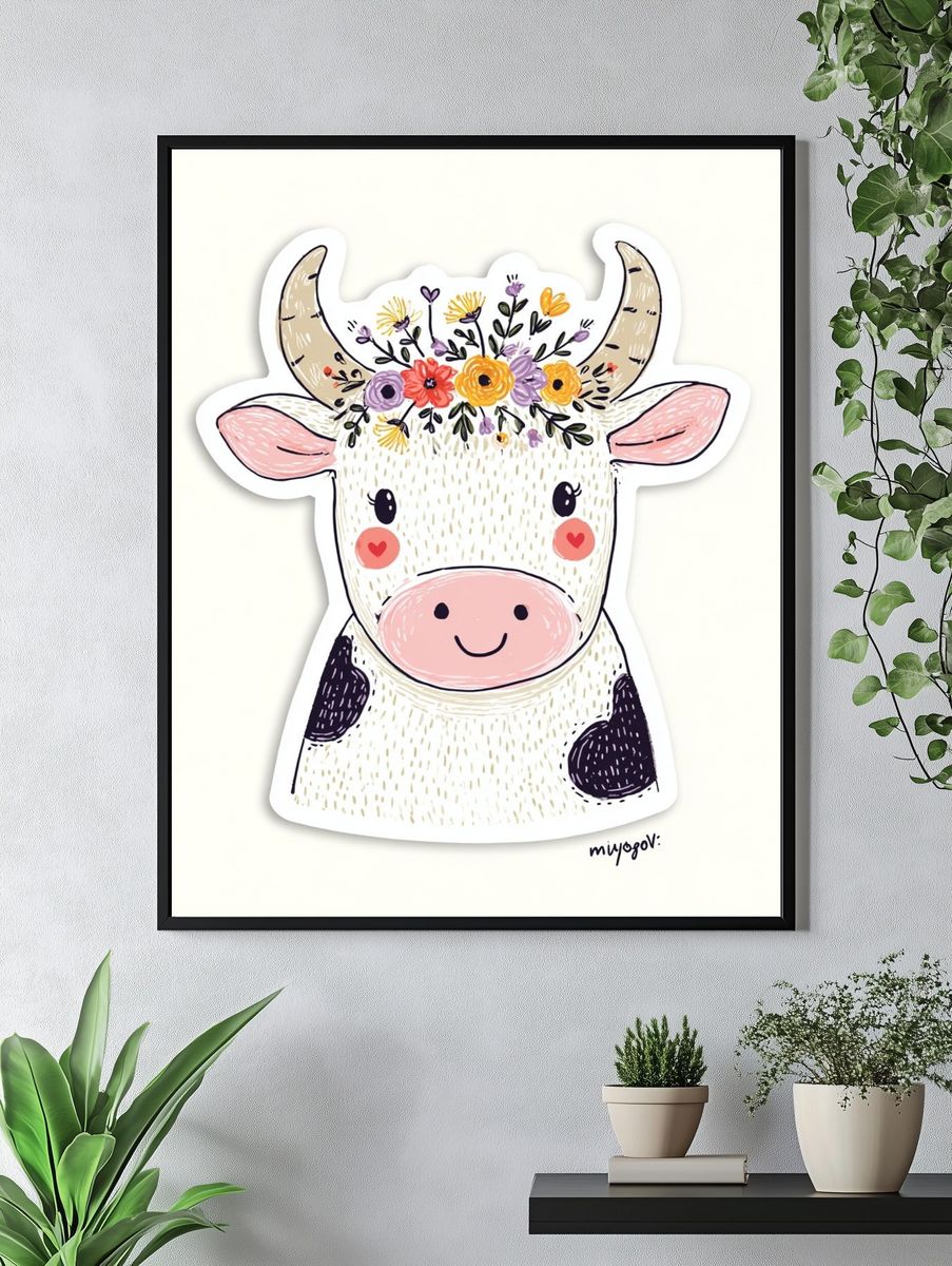Floral Cow Illustration Poster. — room view 4