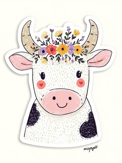 Floral Cow Illustration Poster.