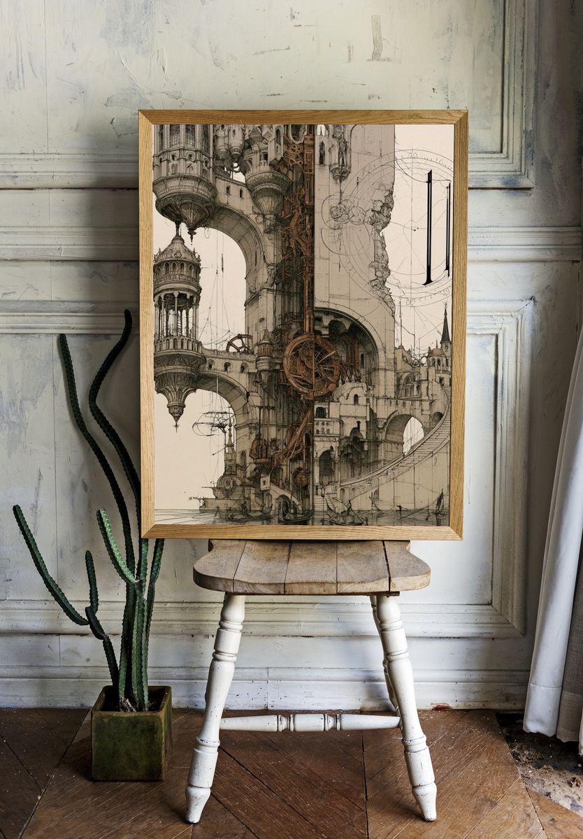 Steampunk Cityscape Illustration Poster. room preview