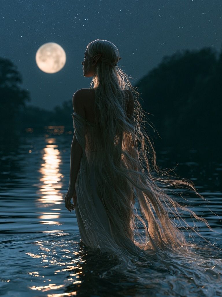 Moonlit Elf by the Lake Poster. poster — illustration art
