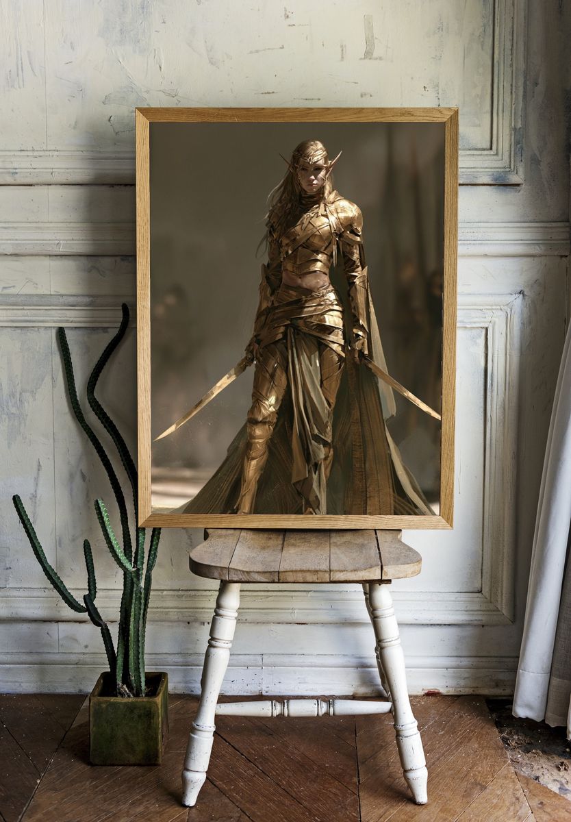Golden Elf Warrior Fantasy Print. room preview