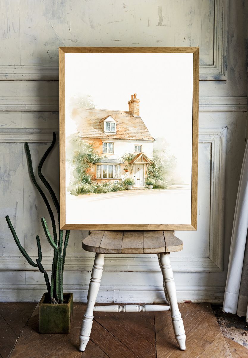 Cottage House Watercolor Poster. room preview