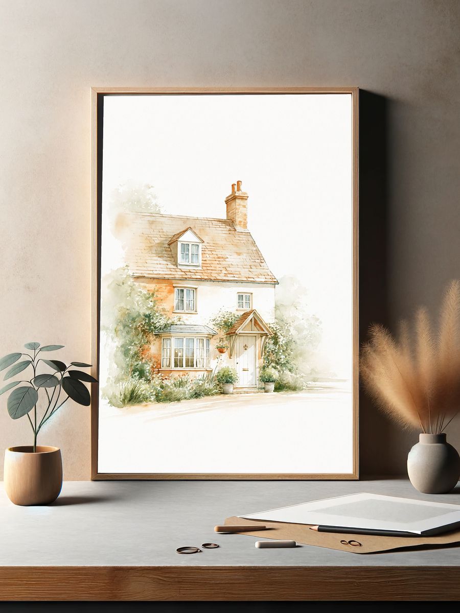 Cottage House Watercolor Poster. — room view 2
