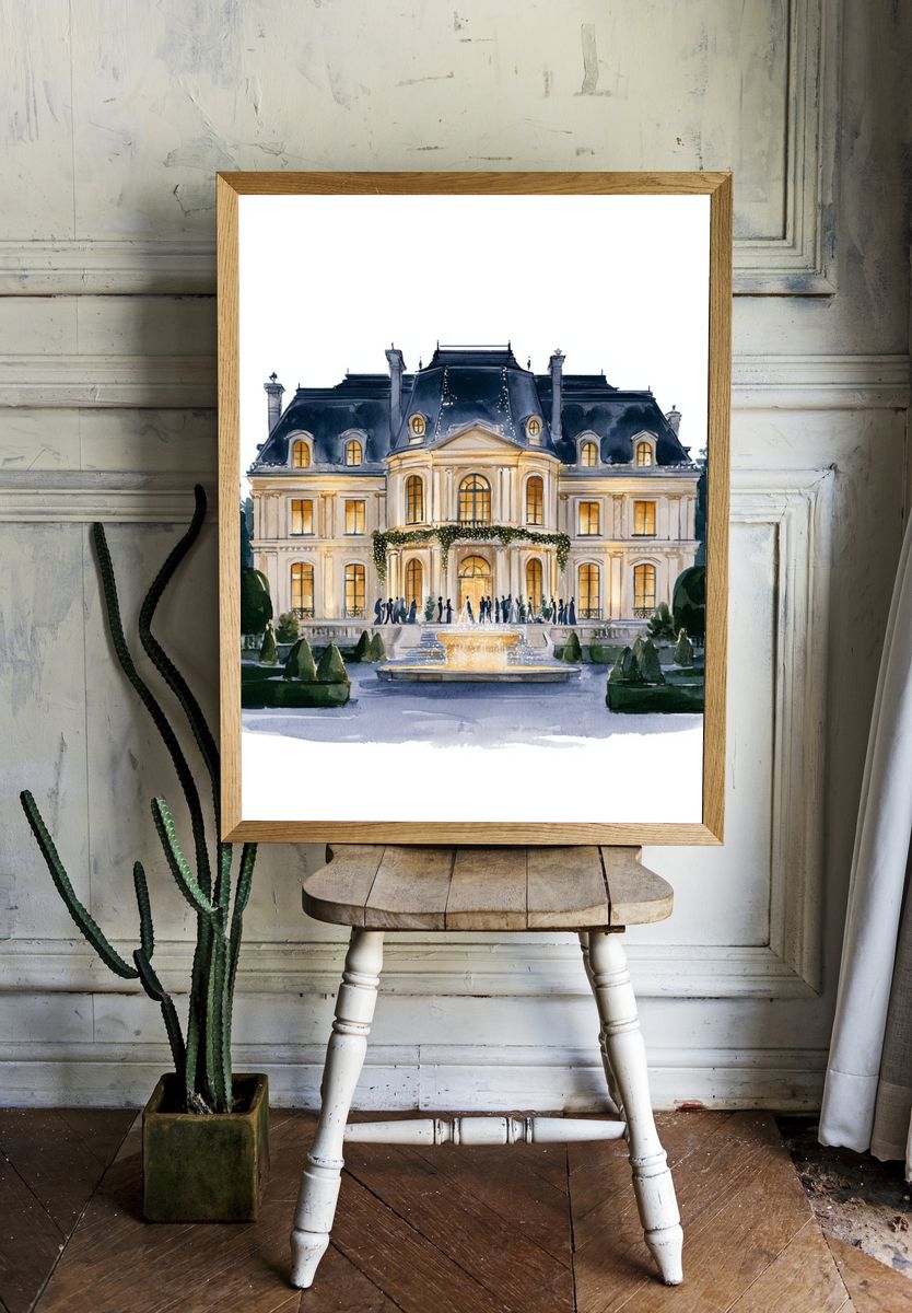 Grand Paris Mansion Watercolor Print. room preview