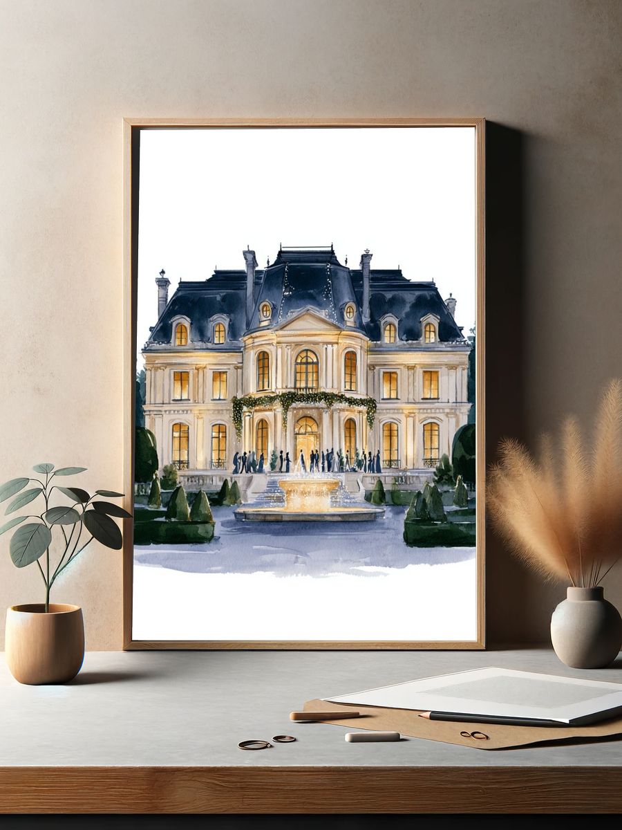 Grand Paris Mansion Watercolor Print. — room view 2