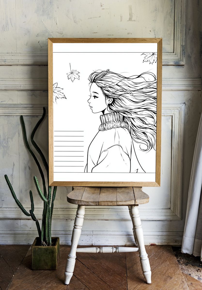 Windblown Girl Line Art Poster. room preview