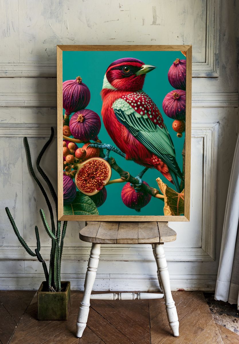 Tropical Bird and Fig Illustration Poster. room preview