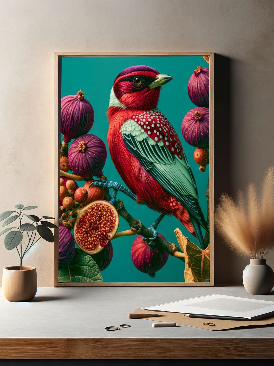 Tropical Bird and Fig Illustration Poster. — room view 2