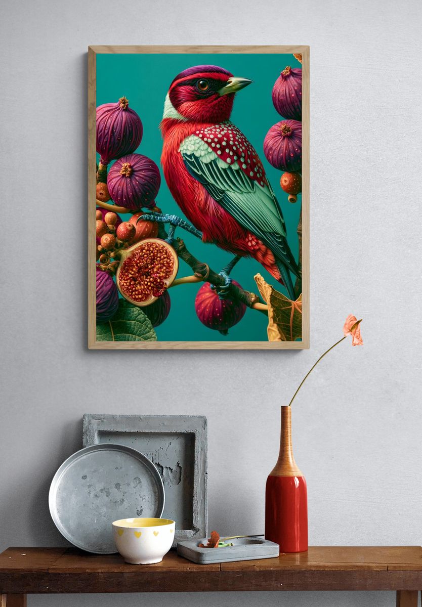 Tropical Bird and Fig Illustration Poster. — room view 3