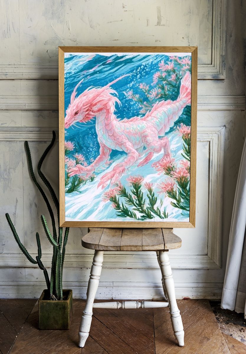 Pink Sea Dragon Digital Art Poster. room preview