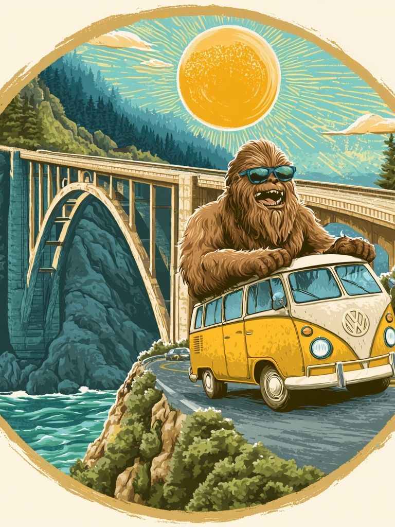 Bigfoot Road Trip Illustration Poster. poster — illustration art