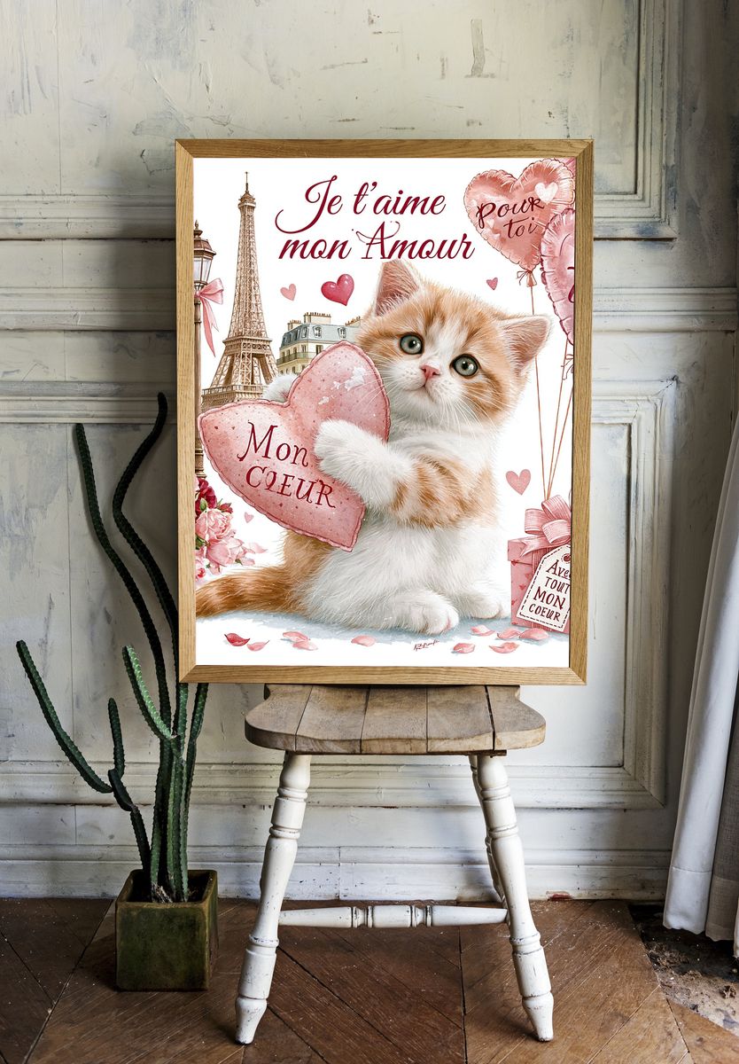 Paris Love Cat Illustration Poster. room preview