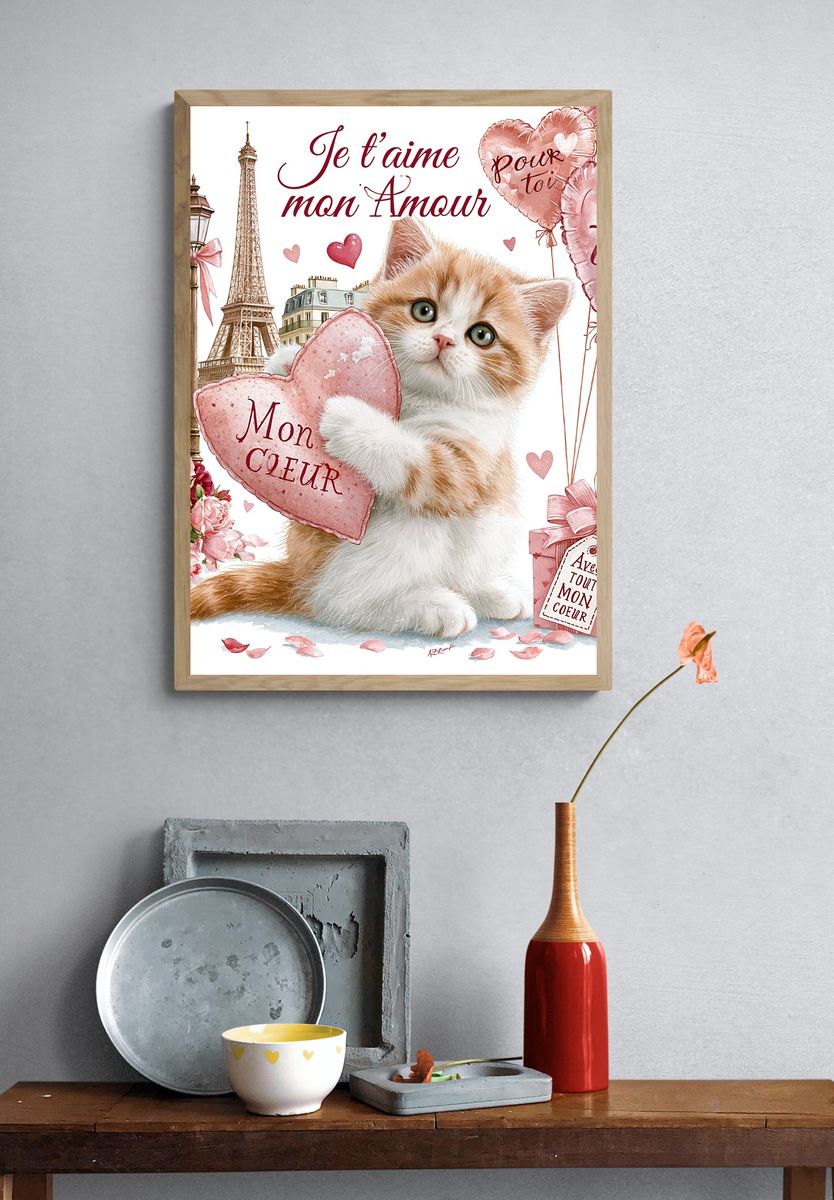 Paris Love Cat Illustration Poster. — room view 3