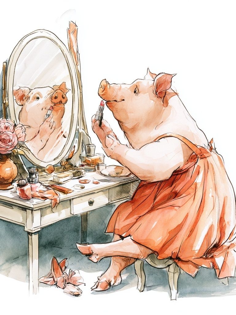 Pig Vanity Watercolor Print. poster detail