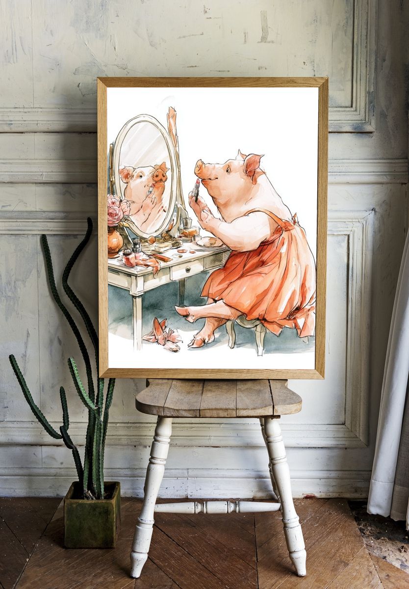Pig Vanity Watercolor Print. — room view 1