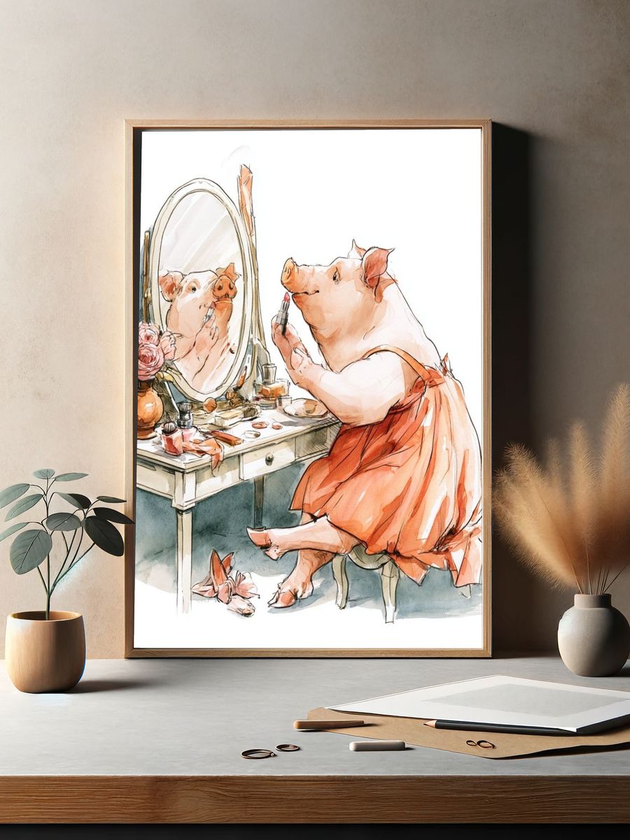 Pig Vanity Watercolor Print. — room view 2
