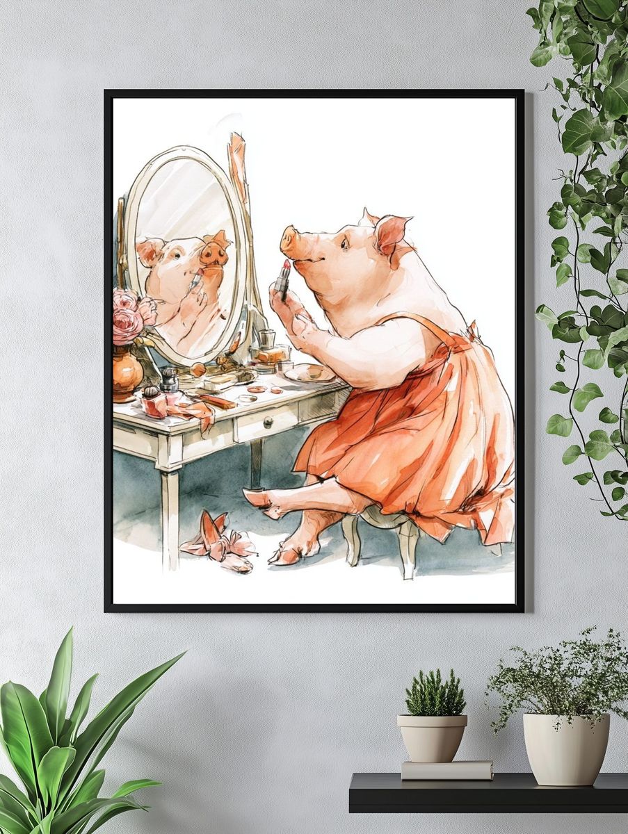 Pig Vanity Watercolor Print. — room view 4