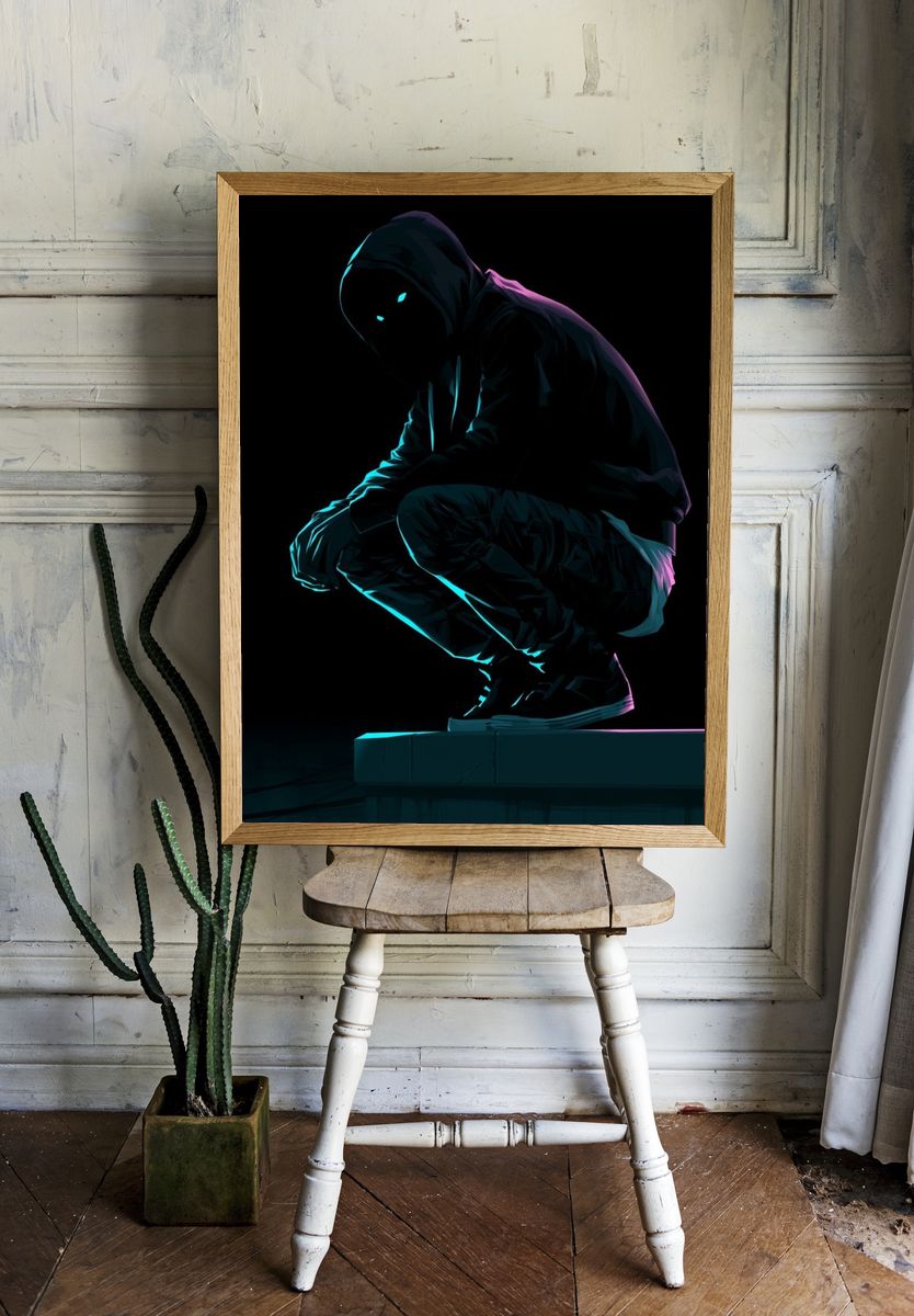 Neon Hooded Figure Illustration Poster. room preview
