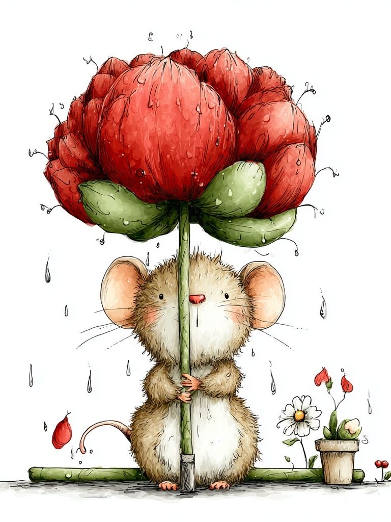 Mouse with Flower Illustration Poster. poster detail